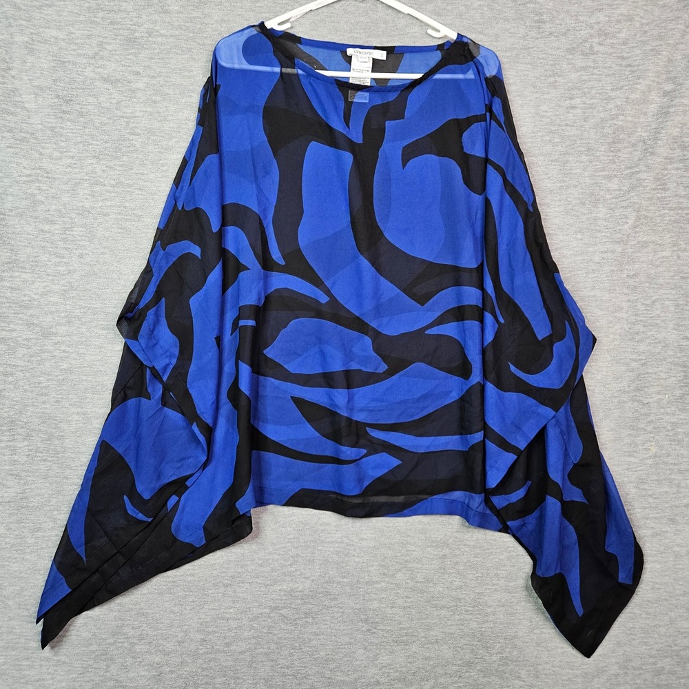 Chicos Blue Black Abstract Print Sheer Poncho Top Sz L/XL Handkerchief Hem